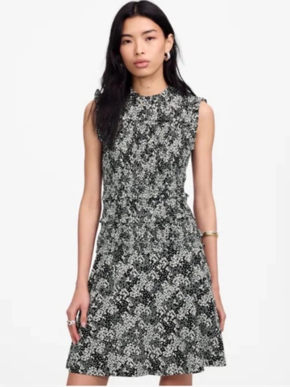 Madewell Smocked Crewneck Harper Floral Black White Mini Dress Floral Size 12